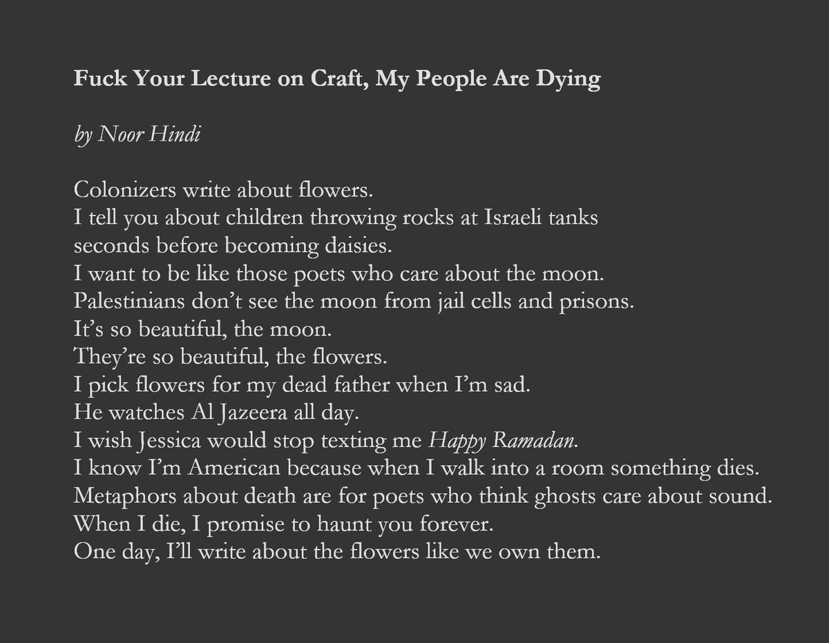 moypha's tweet photo. 1.) from tumblr user thetimewehave
2.) HOW TO BE A DOG by Andrew Kane
3.) Fuck Your Lecture on Craft, My People Are Dying by Noor Hindi
4.) FOR THE DOGS WHO BARKED AT ME ON THE SIDEWALKS IN CONNECTICUT by user dumbsoftheart https://t.co/avxOYXhMt6