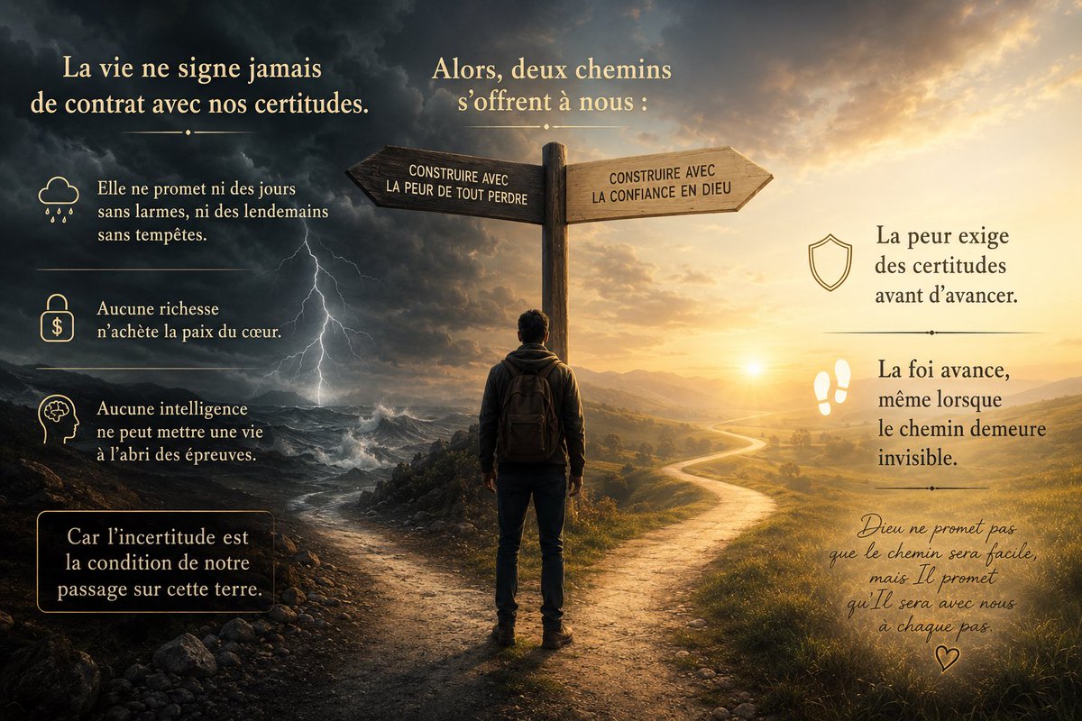 diouf_sadix's tweet photo. La vie ne signe jamais de contrat avec nos certitudes.

Elle ne promet ni des jours sans larmes, ni des lendemains sans tempêtes.
Aucune richesse n’achète la paix du cœur.
Aucune intelligence ne peut mettre une vie à l’abri des épreuves.

Car l’incertitude est la condition de notre passage sur cette terre.

Alors, deux chemins s’offrent à nous : bâtir notre vie avec la peur de tout perdre, ou la construire avec la confiance en Dieu.

La peur exige des certitudes avant d’avancer.
La foi avance, même lorsque le chemin demeure invisible.