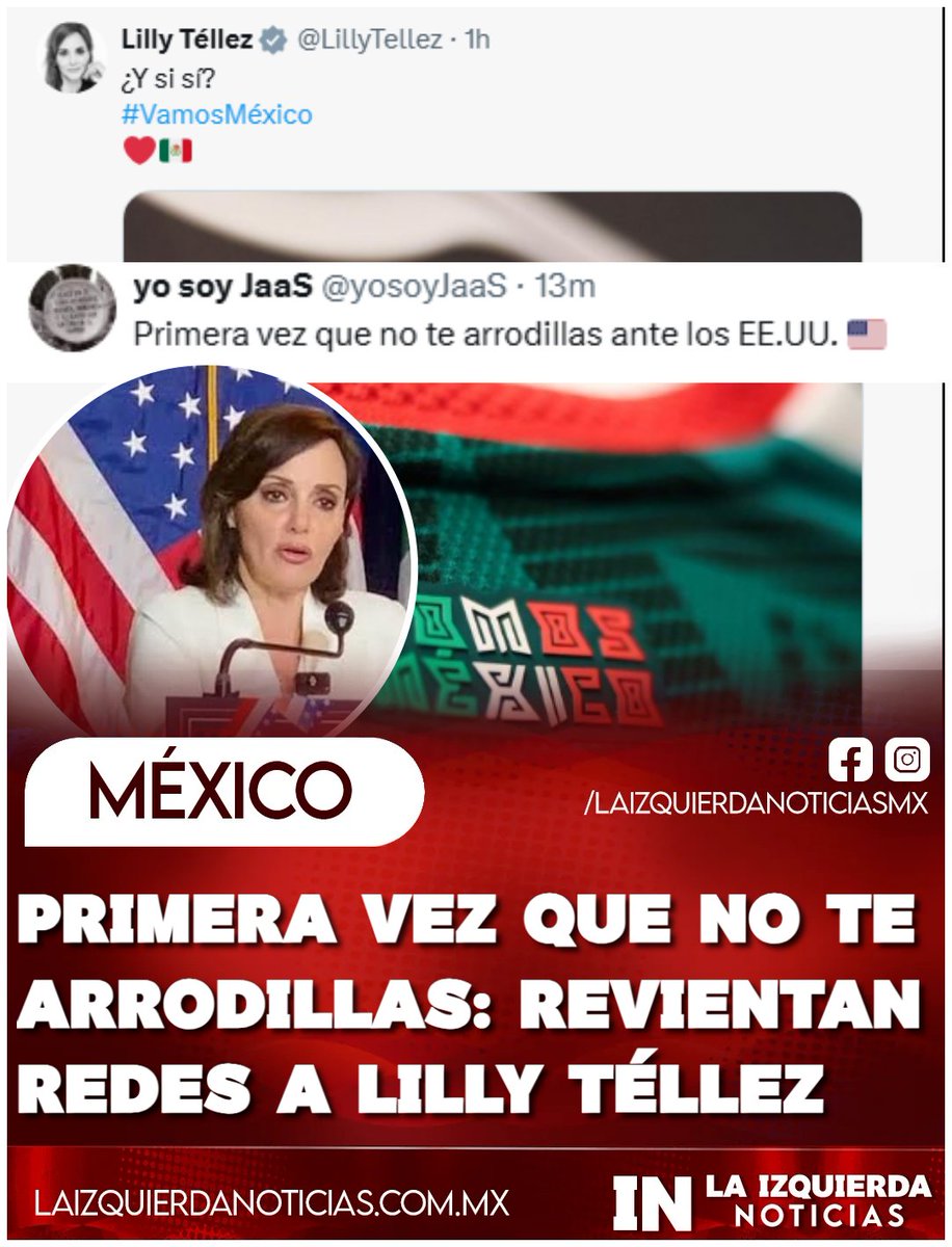 IzqNoticiasMx's tweet photo. ¡NO LE CREEN! Lilly Téllez apoya a México ante Inglaterra pero las redes la atacan con sarcasmo por su supuesta entrega a EU. ¿Intenta ahora sumarse a la fiebre de la pasión mundialista?
"" https://t.co/D44H3nSMBl