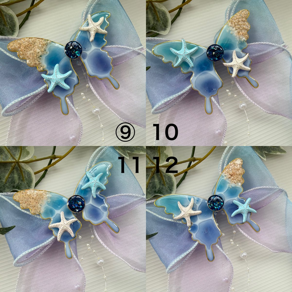 karasu_handmade's tweet photo. おはようございます！
残り在庫こちらとなります。

青い砂浜はまだ選び放題です…。
センターのアワビの貝がきらきらとしてます！！

ヘアクリップも可能にしましたのでよろしくお願いします！！ https://t.co/4Dmz2IfQxd