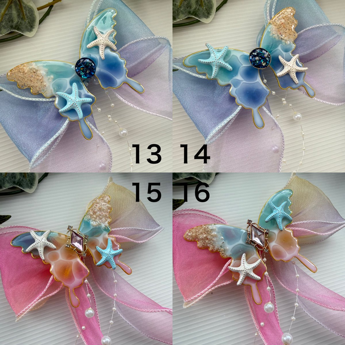 karasu_handmade's tweet photo. おはようございます！
残り在庫こちらとなります。

青い砂浜はまだ選び放題です…。
センターのアワビの貝がきらきらとしてます！！

ヘアクリップも可能にしましたのでよろしくお願いします！！ https://t.co/4Dmz2IfQxd
