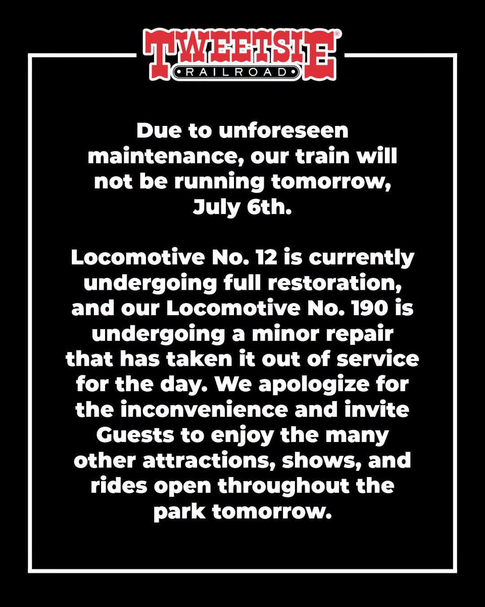 TweetsieRR's tweet photo. An update from Tweetsie Railroad regarding operations tomorrow, July 6th. https://t.co/U9o8D6ify8