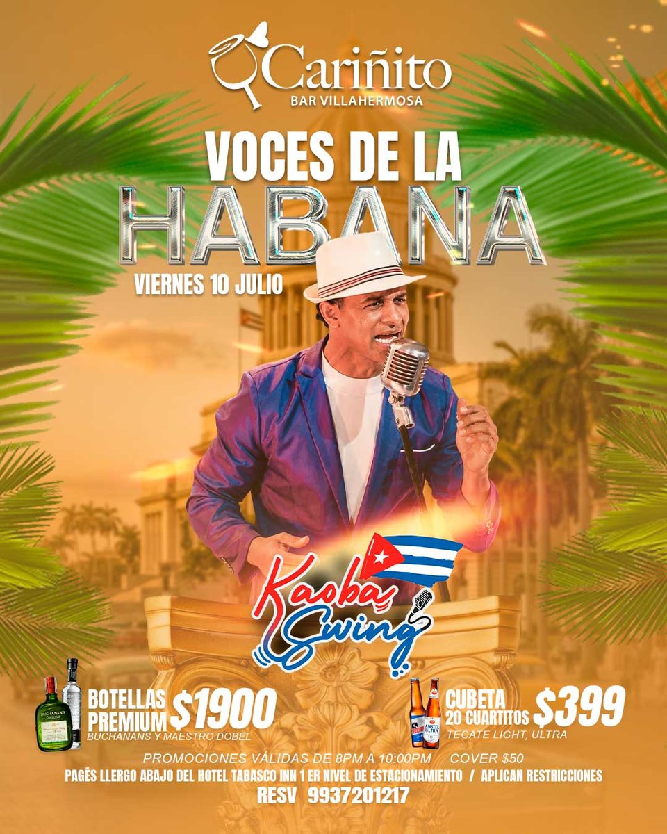 GAPAV3's tweet photo. ¡SE VIENE UN FIN DE SEMANA INOLVIDABLE EN CARIÑITO BAR! 

💔 Jueves 9 de Julio ¡Entre Copas y Despecho! Karaoke 

🇨🇺 Viernes 10 de Julio Salsa Brava con las Voces de la Habana. ¡fuego y sabor cubano!

🎤 Sábado 11 de Julio Tributo a la Salsa Cubana
Reserva 993 720 1217 https://t.co/vrdxKIz4WP