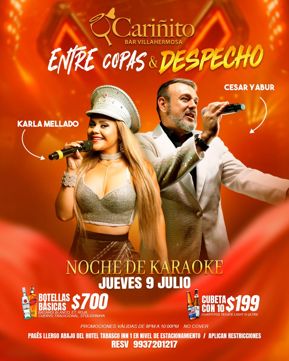 GAPAV3's tweet photo. ¡SE VIENE UN FIN DE SEMANA INOLVIDABLE EN CARIÑITO BAR! 

💔 Jueves 9 de Julio ¡Entre Copas y Despecho! Karaoke 

🇨🇺 Viernes 10 de Julio Salsa Brava con las Voces de la Habana. ¡fuego y sabor cubano!

🎤 Sábado 11 de Julio Tributo a la Salsa Cubana
Reserva 993 720 1217 https://t.co/vrdxKIz4WP