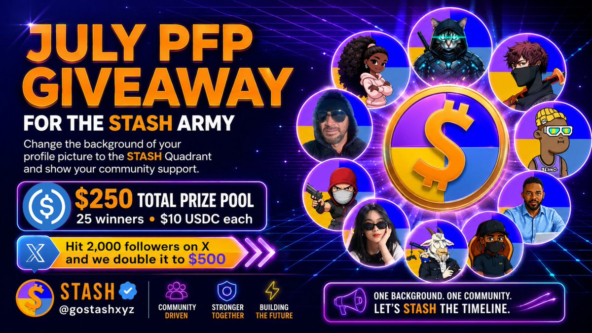 gostashxyz's tweet photo. The July PFP giveaway is live 👀

Change your profile picture background to the STASH Quadrant and join the STASH Army.

$250 prize pool
25 winners
$10 USDC each

Follow @gostashxyz and show us your Stashed PFP.

$STASH https://t.co/w2Qf5SPr1n