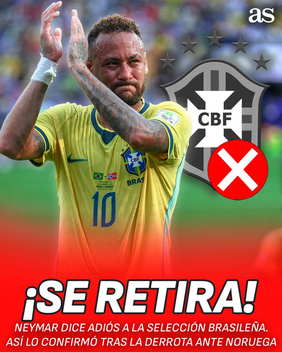 diarioas's tweet photo. 🇧🇷 ¡SE ACABÓ! NEYMAR ANUNCIA SU RETIRADA DE LA SELECCIÓN BRASILEÑA DESPUÉS DEL 'PALO' CONTRA NORUEGA: "Lo intenté, lo intenté. Ahora se acabó..."

#NuestroMejorMundial https://t.co/XTFpV2USeT