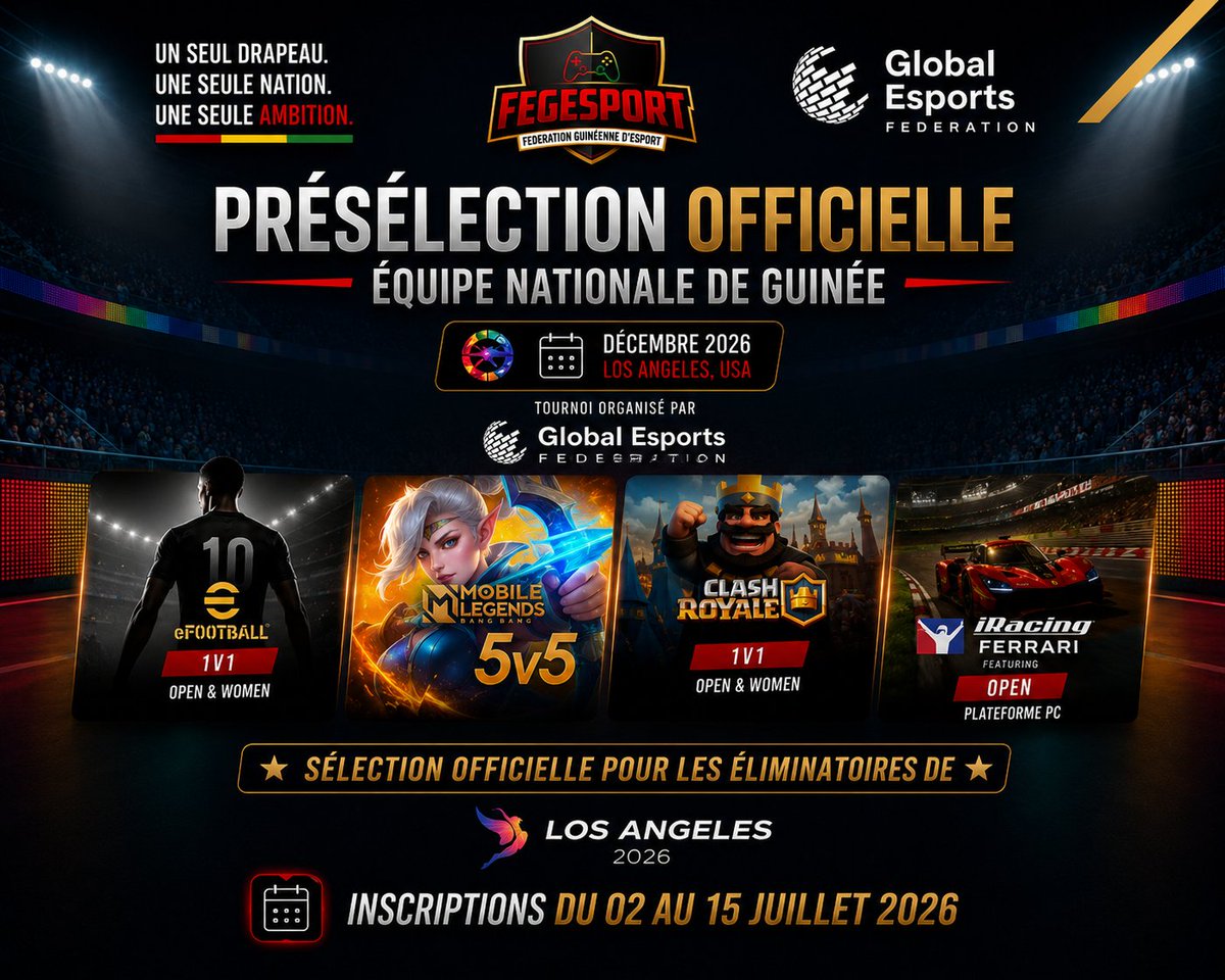 fegesport's tweet photo. En route pour les Qualifs !!!

📝 Formulaire de candidature :
https://t.co/IJ6u2qp5qw

🇬🇳 Un seul drapeau. Une seule nation. Une seule ambition.

#FEGESPORT #EsportGuinée #TeamGuinée #LosAngeles2026 #Gaming #Esports https://t.co/q2g0rFQ9Fs