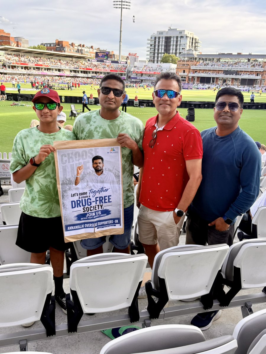 AnnamalaiOS's tweet photo. Thalaivar @annamalai_k supporters are showing incredible support from overseas! 

From the iconic Lord’s Cricket Ground in the UK during the AUS vs ENG Women’s T20 World Cup Final, our dedicated volunteers proudly carried forward the “Drug-Free Society” campaign - a global initiative led by our @WTLFoundation.

Together, we’re spreading awareness, inspiring change, and working towards a healthier, drug-free future.

Join : https://t.co/Kr8OXzL9rJ

#VisionWithAnnamalai #Annamalai4TN #WeTheLeaders #AnnamalaiOS