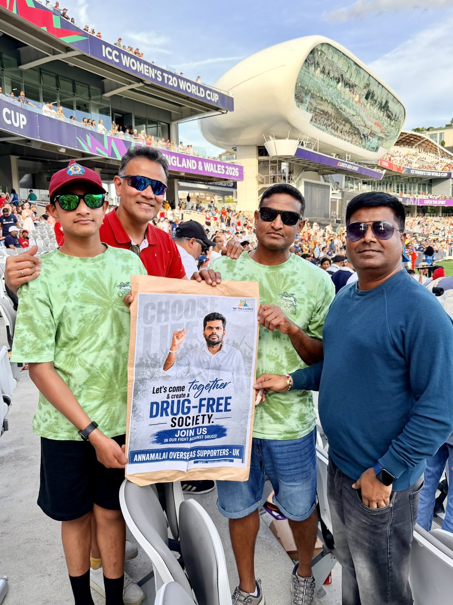 AnnamalaiOS's tweet photo. Thalaivar @annamalai_k supporters are showing incredible support from overseas! 

From the iconic Lord’s Cricket Ground in the UK during the AUS vs ENG Women’s T20 World Cup Final, our dedicated volunteers proudly carried forward the “Drug-Free Society” campaign - a global initiative led by our @WTLFoundation.

Together, we’re spreading awareness, inspiring change, and working towards a healthier, drug-free future.

Join : https://t.co/Kr8OXzL9rJ

#VisionWithAnnamalai #Annamalai4TN #WeTheLeaders #AnnamalaiOS