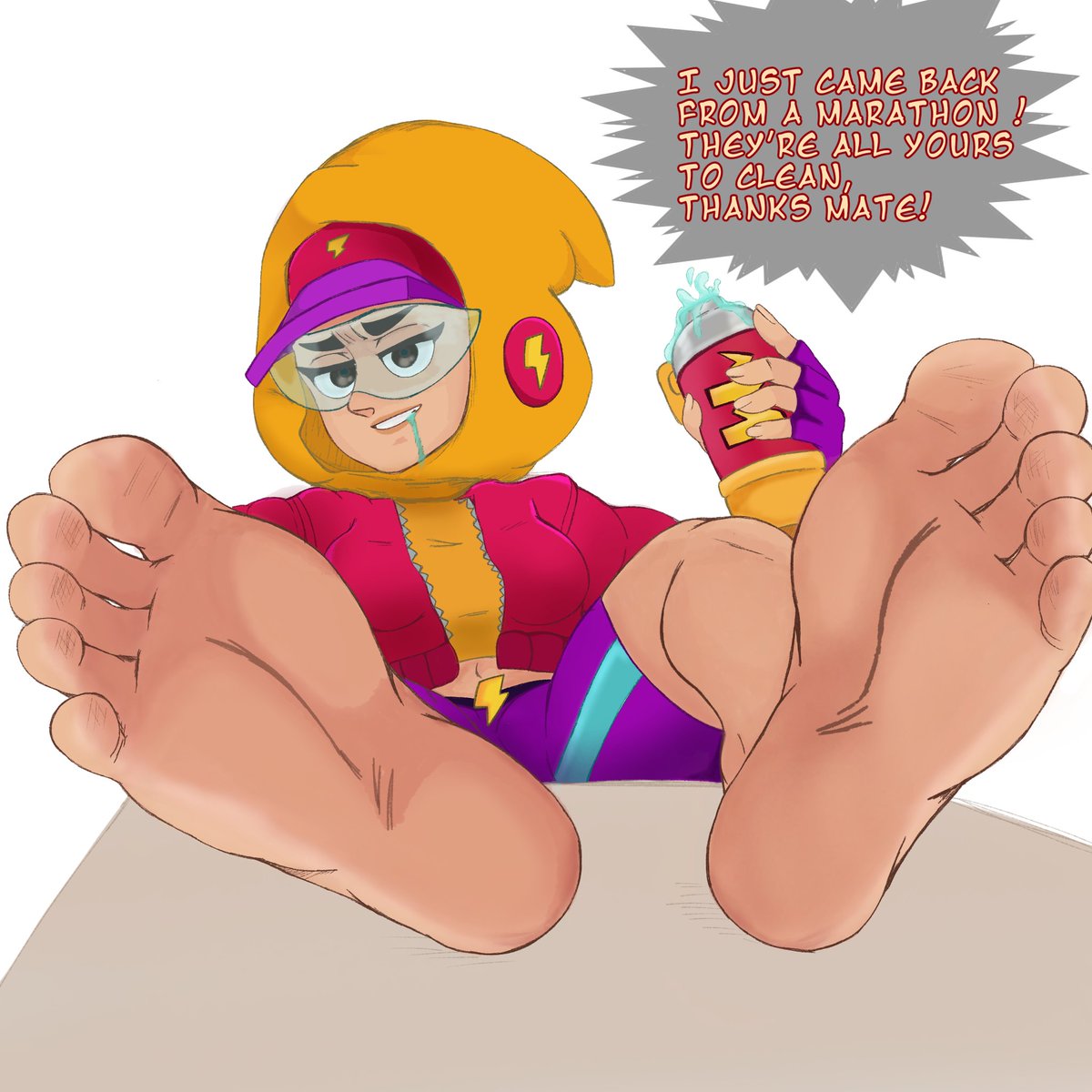 TacitusArtist's tweet photo. After a long and tiring marathon, Maxine decides to celebrate her victory with you. And what better way to celebrate than smothering your face between her soft, sweaty, stuffy soles? Just make sure to enjoy their taste and leave them spotless~ https://t.co/WBXepU1UNh
