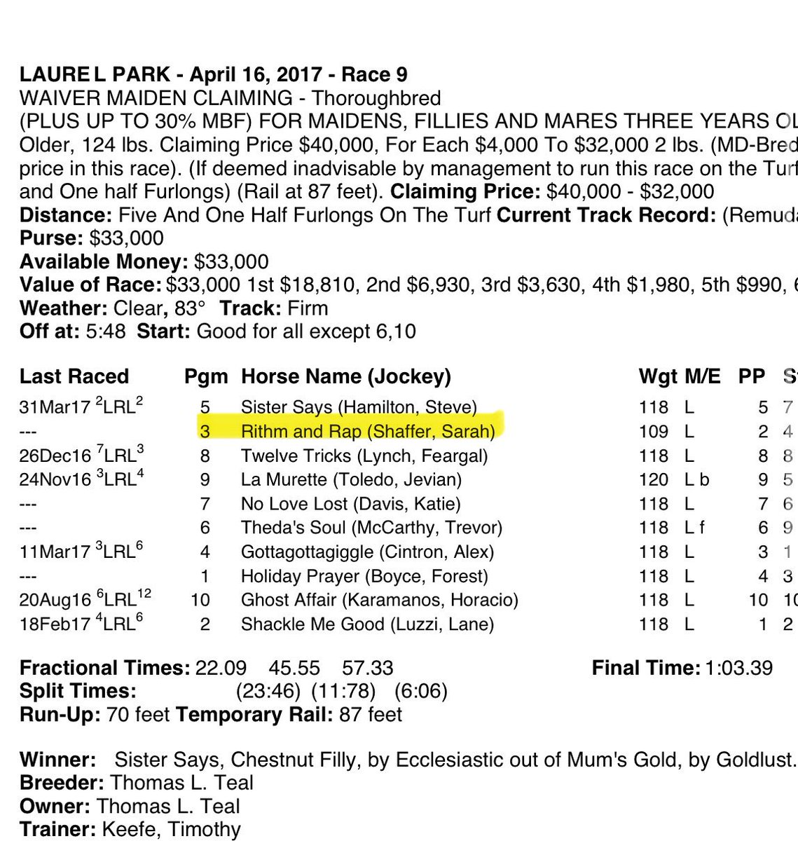 sarah_shaffer_'s tweet photo. I’d first like to welcome SHIP SHIP HOORAY to the team and congratulate Rory Zweifel on the successful claim! But second, I have to point out that, I, once upon an apprentice jockeys time, rode his dam to a 2nd place finish, first time out at 43-1 on the turf at Laurel Park for Anne Merryman and his breeder Laura McKinney! What a small world and bringing back memories from my time on the mid-Atlantic, where it all began!