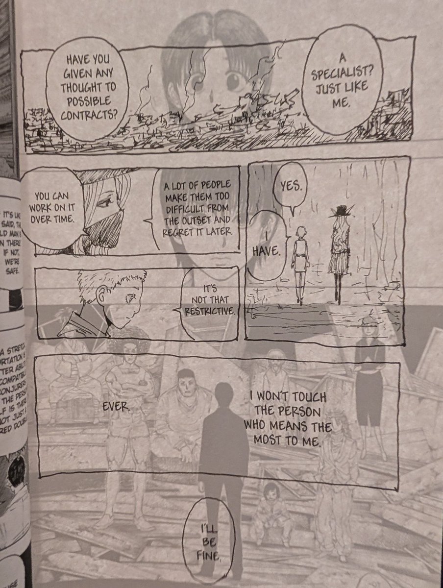 nordsalat's tweet photo. I realized that on top of chrollo's silhouette being visible through the page, him and paku are the only ones wearing black in the reverse panel, which makes the translucent effect seem even more deliberate. plus all the white space to make it easier to notice https://t.co/DSo8o9xDkL