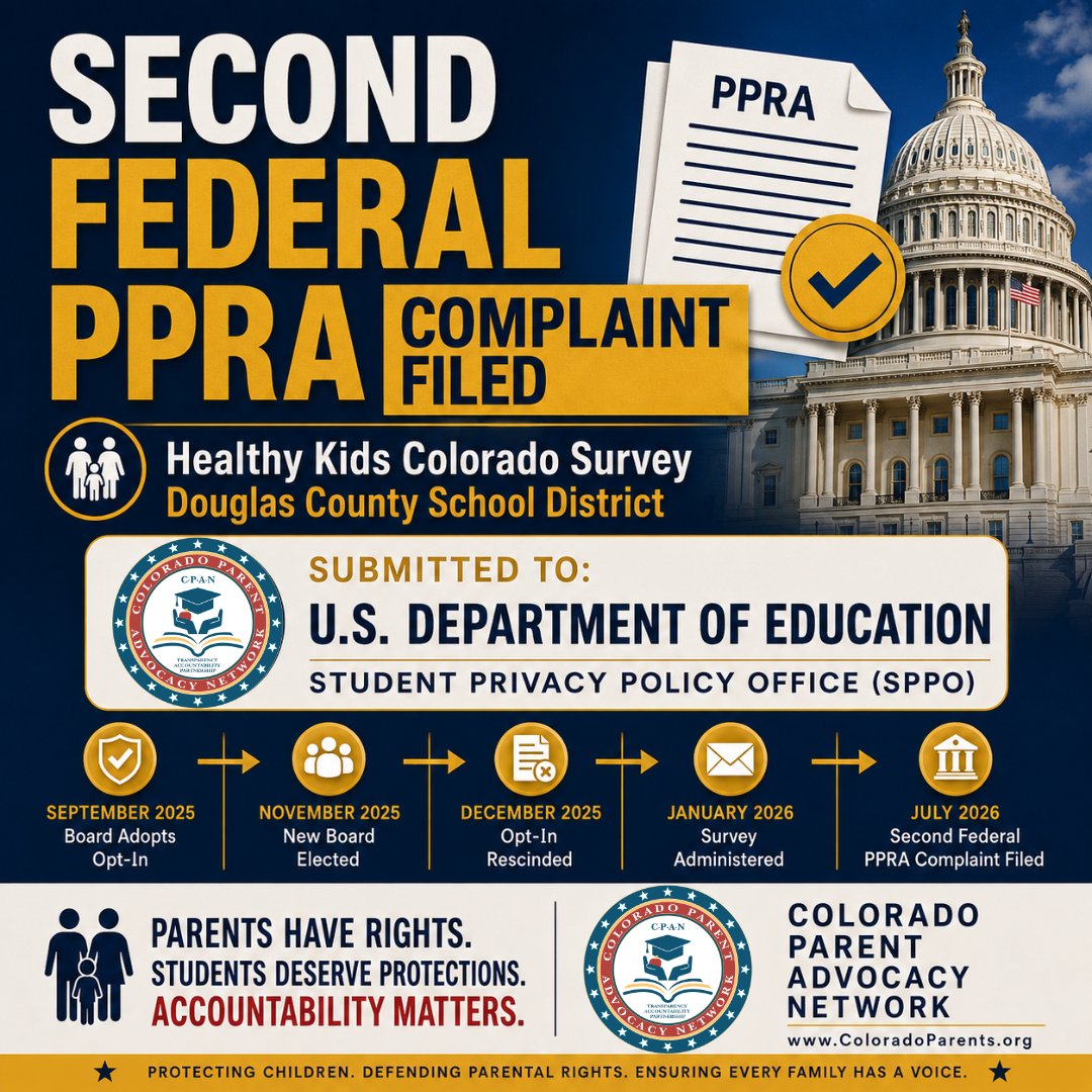 CPANColorado's tweet photo. 🚨 Parents opted their children OUT. Their children still received direct electronic access to the controversial Healthy Kids Colorado Survey.

Last week, CPAN submitted two federal PPRA complaints to the U.S. Department of Education Student Privacy Protection Office @usedgov  on behalf of two Douglas County parents.

Parents deserve confidence that their documented decisions will be honored.
