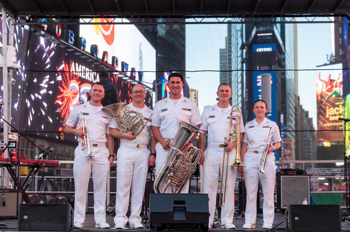 usnavyband's tweet photo. The U.S. Navy Band Brass Quintet performed in Times Square, New York City, on July 4, 2026. The brass quintet provided musical support for various events across the city in support of the International Naval Review 250.

#USNavy #INR250 #America250 #NYC https://t.co/HnW3TdZLVn