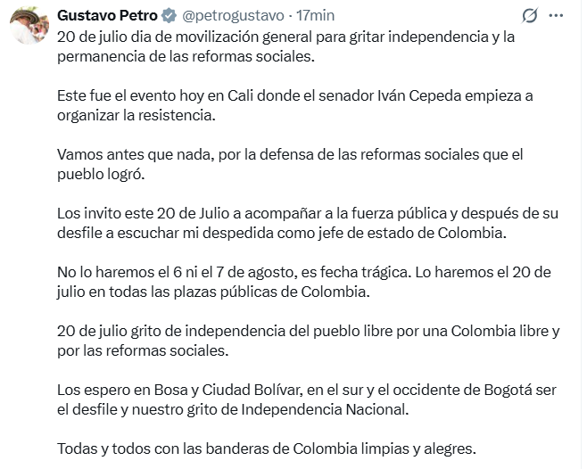 UltimaHoraCR's tweet photo. #POLITICA | El presidente Gustavo Petro convoca movilización el 20 de julio para defender las reformas sociales. Anunció que ese día será su despedida como jefe de estado de Colombia. "No lo haremos el 6 ni el 7 de agosto, es fecha trágica. Lo haremos el 20 de julio en todas las plazas públicas de Colombia", dijo en X. https://t.co/v2vIVVHFXe