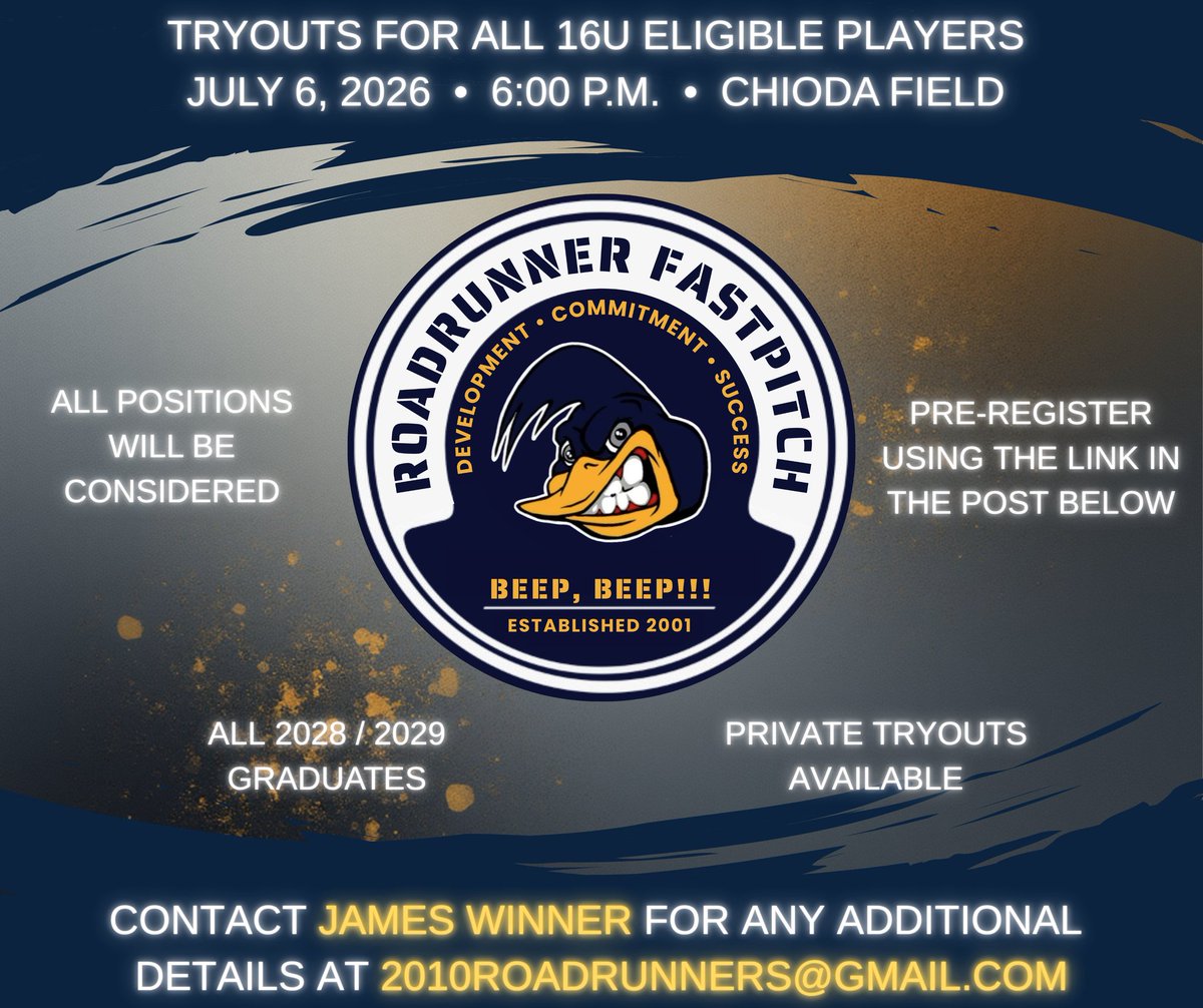 2010Roadrunners's tweet photo. 🥎 16U Pittsburgh Lady Roadrunners Tryouts 🥎

We're looking to add players to our 2026-27 roster!

✅ Private tryouts available

Our team is made up of 2028 &amp; 2029 graduates competing at a high level in local and out-of-town tournaments.

Pre-register: https://t.co/VW4UtpRfC8 https://t.co/Q06JLQnGFQ