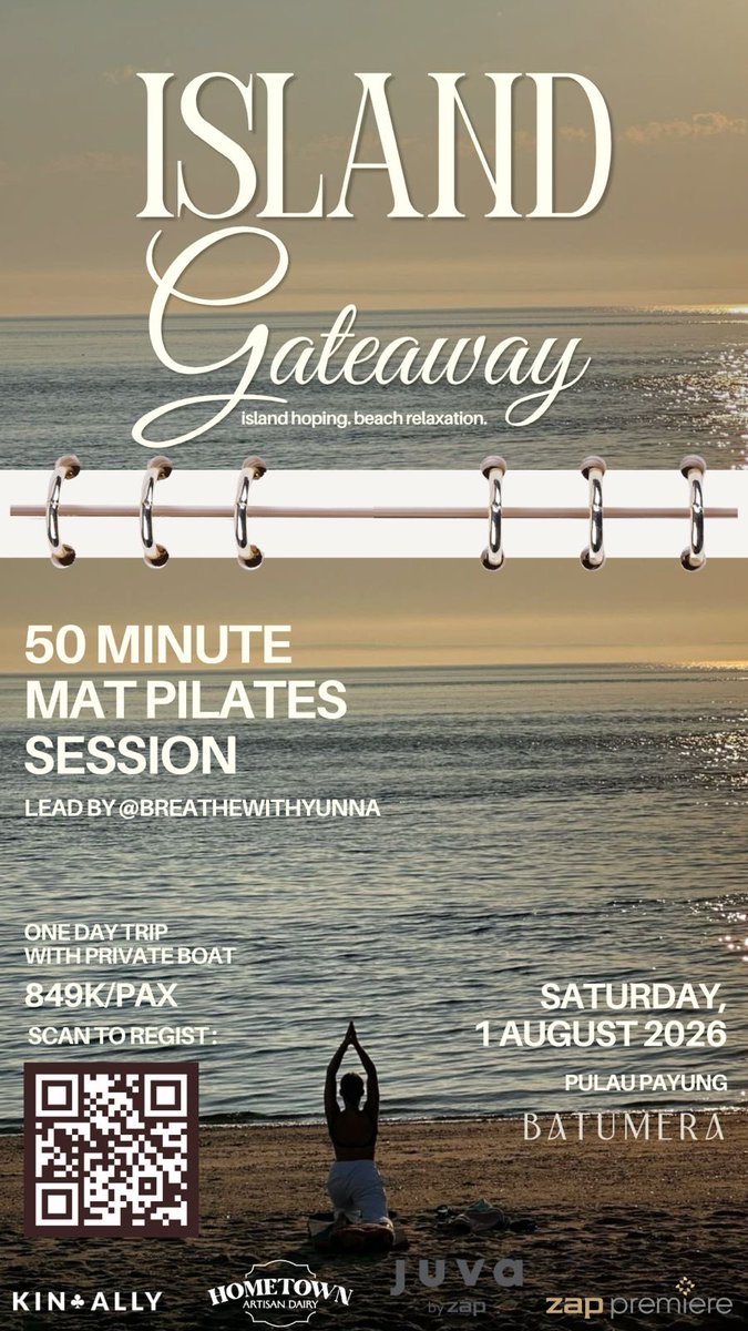 rviaranty's tweet photo. Butuh healing dan olahraga di pantai? 🏝️🧘‍♀️

Ikutan Island Getaway: 50 Minute Mat Pilates Session

🗓️ Sabtu, 1 Agustus 2026
📍 Pulau Payung, Batumera
🛥️ Include one day trip (private boat)

👇 Cek harga &amp; cara daftar di bawah! 👇 https://t.co/frQtKcniym