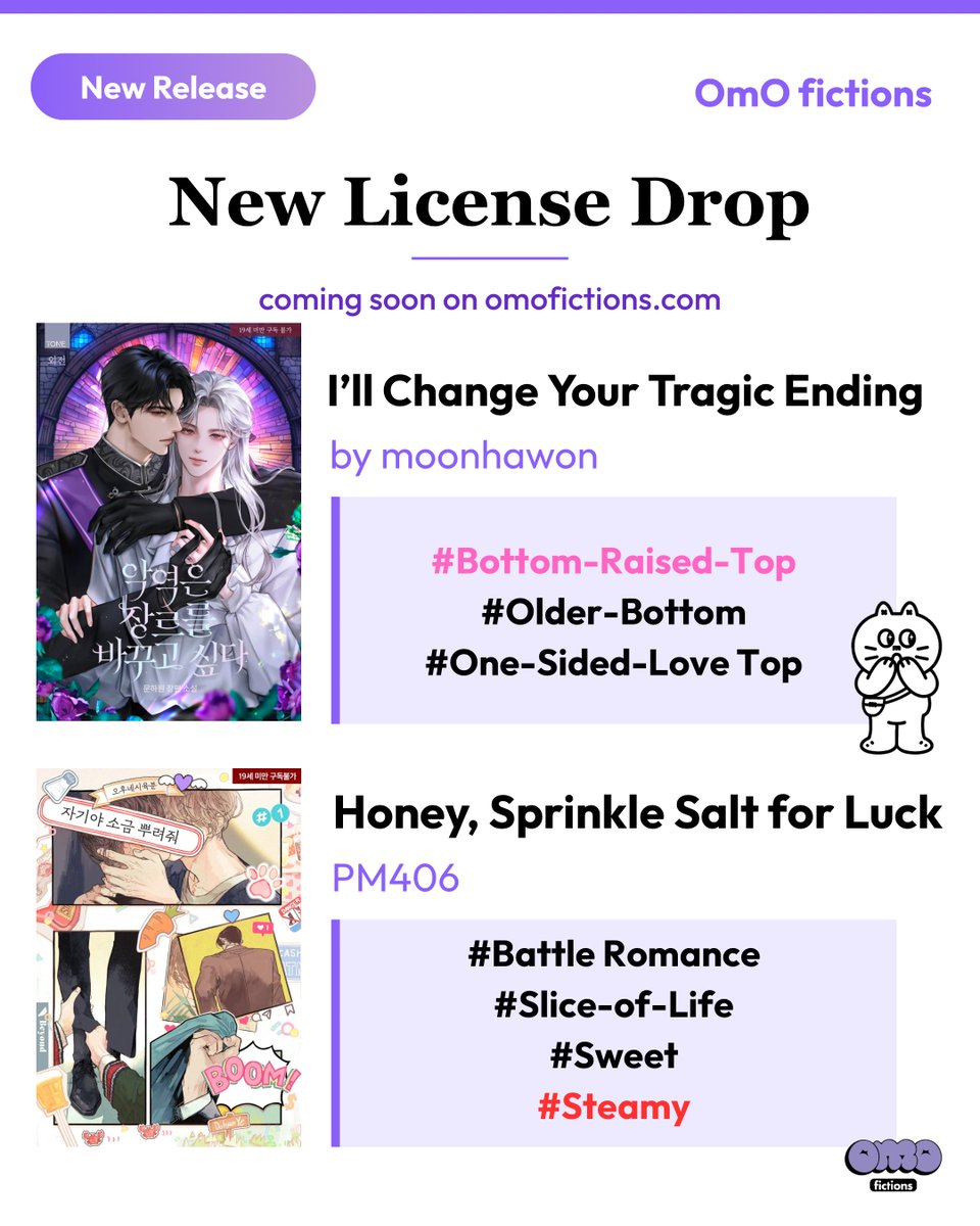 omo_fictions's tweet photo. *knock knock*

📣 BRAND NEW LICENSE ANNOUNCEMENT!

hello bl lovers! we have four new titles coming to you soon on https://t.co/biD8DBjMh8! 

1. The Prosecutor's Proposal - Hebok
2. The Libera List - Hebok
3. I'll Change Your Tragic Ending - moonhawon
4. Honey, Sprinkle Salt for Luck - PM406

make sure to keep an eye out for their release announcements!!!!! 😍

#theprosecutorsprosposal #theliberalist #illchangeyourtragicending #honeysprinklesaltforluck #omofictions #blnovel