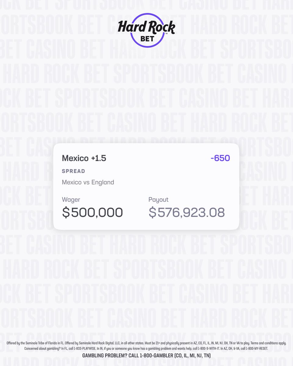 HardRockBet's tweet photo. WILD BET!! 

Half a million dollars on Mexico +1.5 to win $77k https://t.co/9s8gswrdd4