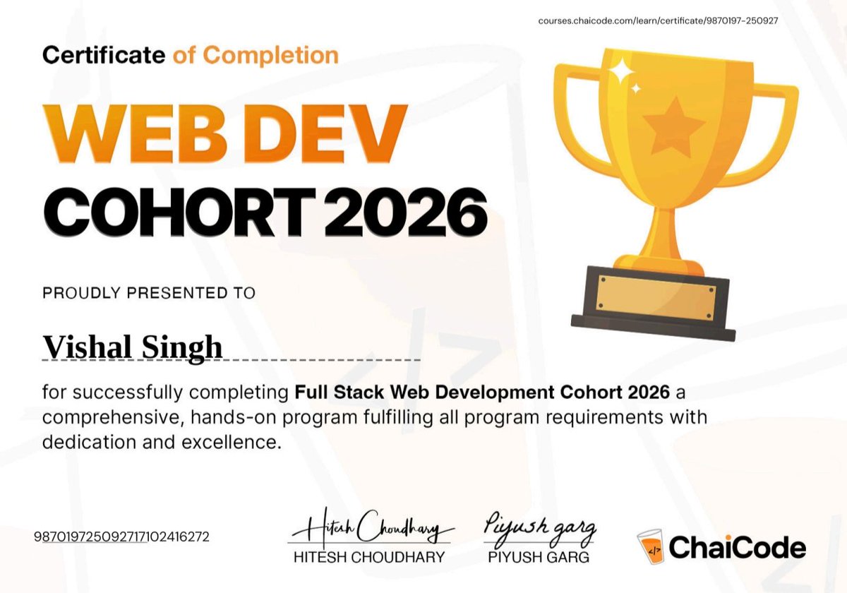 xp_vishal's tweet photo. I am officially a #ChaiCodeGraduate! πβ
Cohort done. Certificate received. But the real gain?
π₯ An amazing community
π» Skills that actually matter in production
π‘ A completely new way of thinking as a developer
From Git to AWS, Kafka, Docker, AI integrations β what a ride! π
Thank you @ChaiCodeHQ @Hiteshdotcom @piyushgarg_dev @nirudhuuu @yntpdotme @surajtwt_ @BlazeisCoding
#chaicode #webdevcohort2026 #LearningInPublic