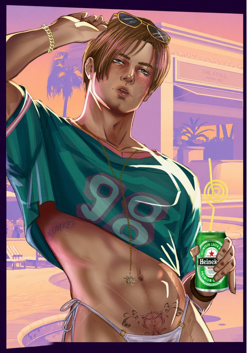 MonkeyAku's tweet photo. Oh, sí, lo terminé ☀️🍺🐚

#leonkennedy #residentevil #fanart #gta https://t.co/CY0UxKPR5l