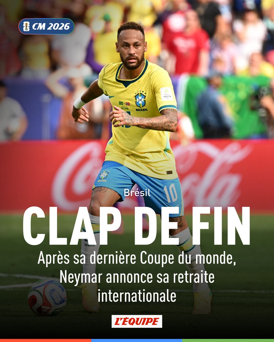 lequipe's tweet photo. Dans la foulée de l'élimination du Brésil, battu en 8es de finale de la Coupe du monde par la Norvège (1-2), Neymar a annoncé sa retraite internationale au micro de la chaîne brésilienne TV Globo » > https://t.co/BuTsMGljPP https://t.co/gYgnP17kQ6