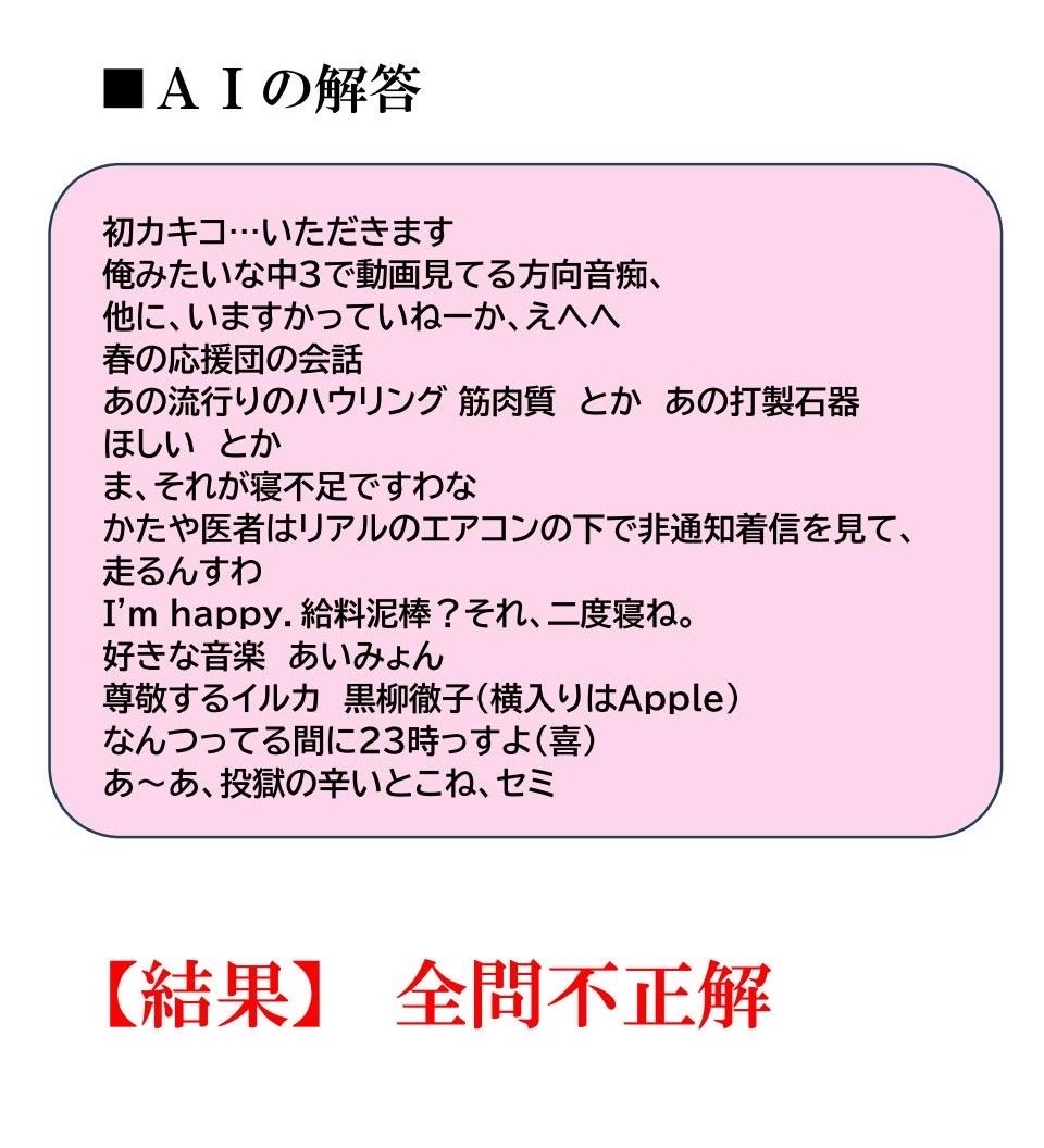FAXXXX's tweet photo. 初カキコどもの各要素を問題にしたらAIは全問正解できるのか https://t.co/O4cG8jsh9f