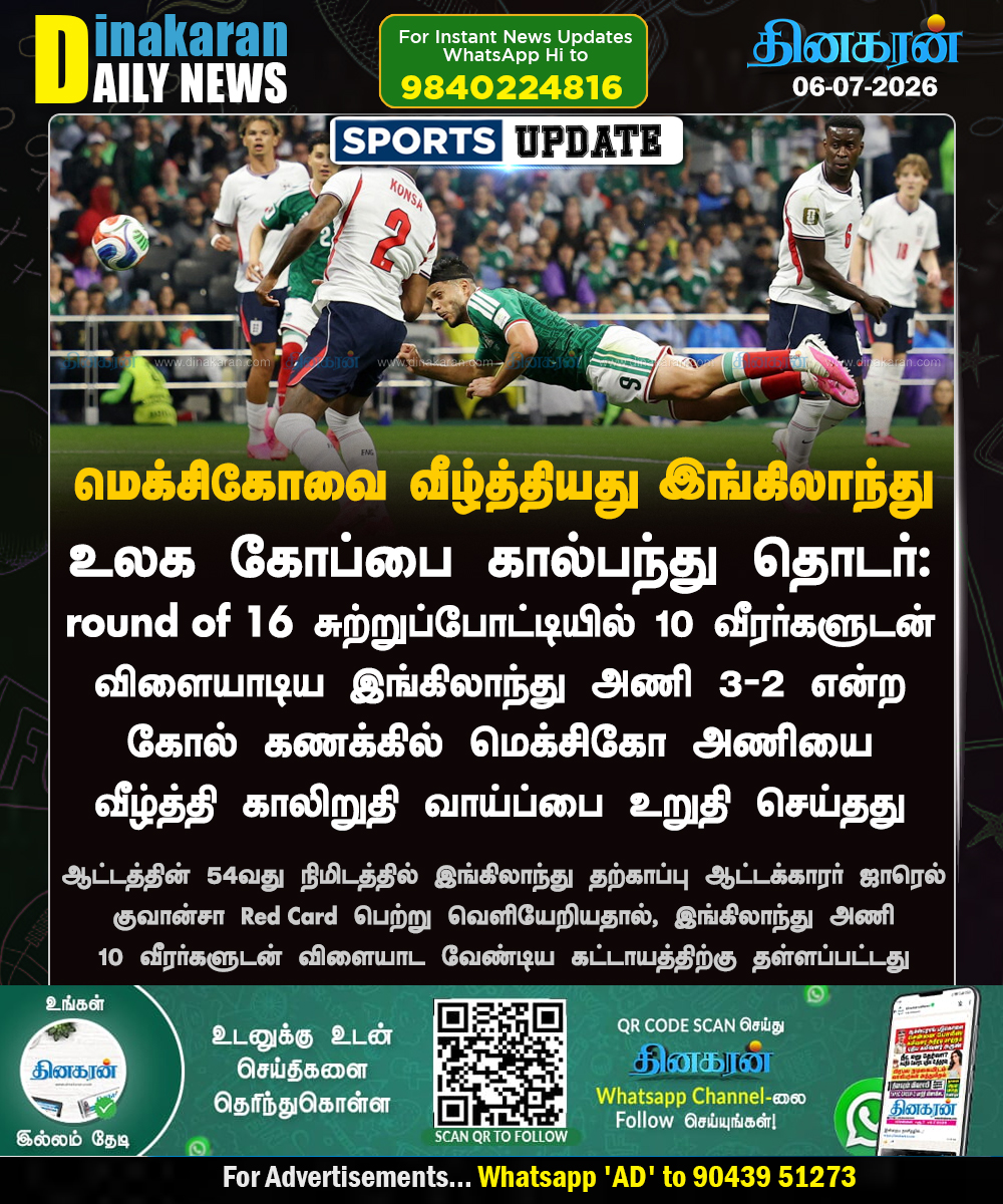 DinakaranNews's tweet photo. மெக்சிகோ அணியை வீழ்த்தி காலிறுதி வாய்ப்பை உறுதி செய்தது இங்கிலாந்து அணி!
#FootBall #FootBallWorldCup #ENGvsMEX #DinakaranNews https://t.co/5ouYJRbaNw