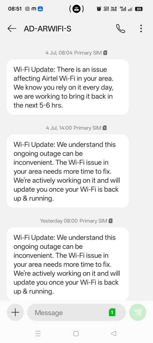 guri3611's tweet photo. Dear @Airtel_Presence My Airtel Xstream Fiber has been down since 4 July. No resolution yet despite repeated outage messages. Please fix it ASAP. I need compansation for my loss. #Airtel #airtelxtreame #customerservice #internetoutage https://t.co/8caU54zzbG