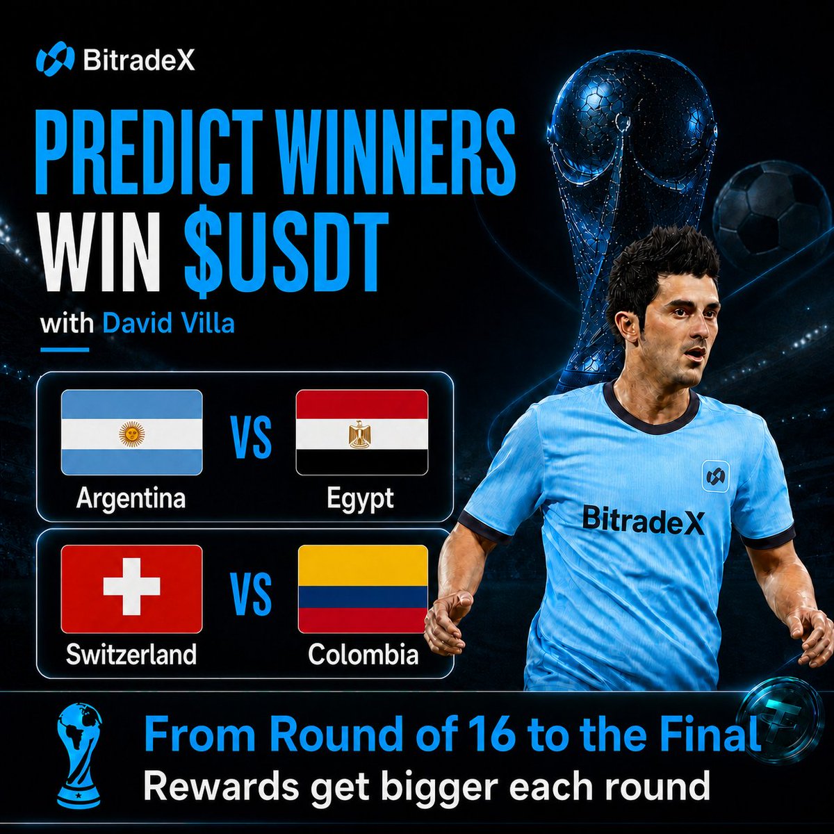 Bitradexen's tweet photo. Final Round of 16 picks are here. ⚽️

#Messi’s Argentina. Salah’s Egypt.
One knockout night, one team moves on. 

And Switzerland vs Colombia brings another fight for the next round. 

Predict both winners for a chance to win:

#Argentina 🇦🇷 vs #Egypt 🇪🇬
#Switzerland 🇨🇭 vs #Colombia 🇨🇴

Comment your UID + 2 winning teams.

6 winners · 5 USDT each

Winners will be randomly selected from correct answers in the comments.

Entries close before the first match kicks off. Edited comments will not count.

#BitradeX #DavidVilla #WorldCup #USDT