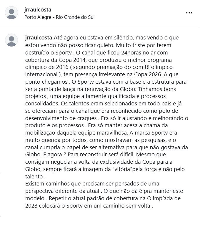RickSouza's tweet photo. Vão falar que é perseguição com a Globo, mas até um dos executivos responsável pela melhor fase do SporTV teve que vir a público falar que estão destruindo o canal e que ele sairá dessa cobertura com o tamanho de uma formiga https://t.co/zL4V4BFRBP