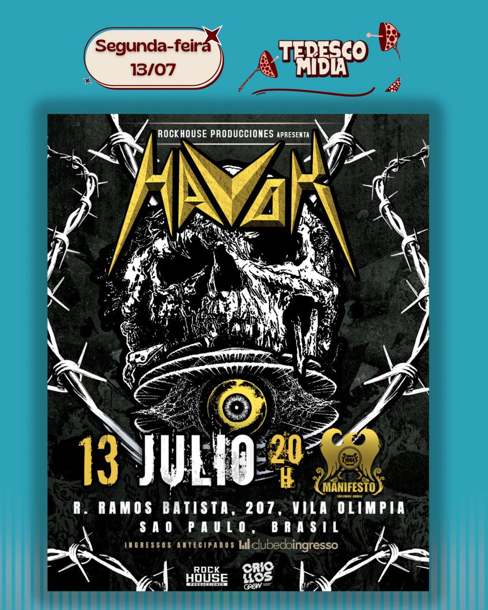 TedescoMidia's tweet photo. 🇧🇷 fora da Copa da Mundo, então, voltamos à programação de shows, lançamentos e anúncio. 🪨. Havok em São Paulo é próximo, no @manifestobar, dia 13/07.

Ingresso: @clubedoingresso 

Show exclusivo no 🇧🇷 da nova fase da banda https://t.co/Wiurf46oQc
