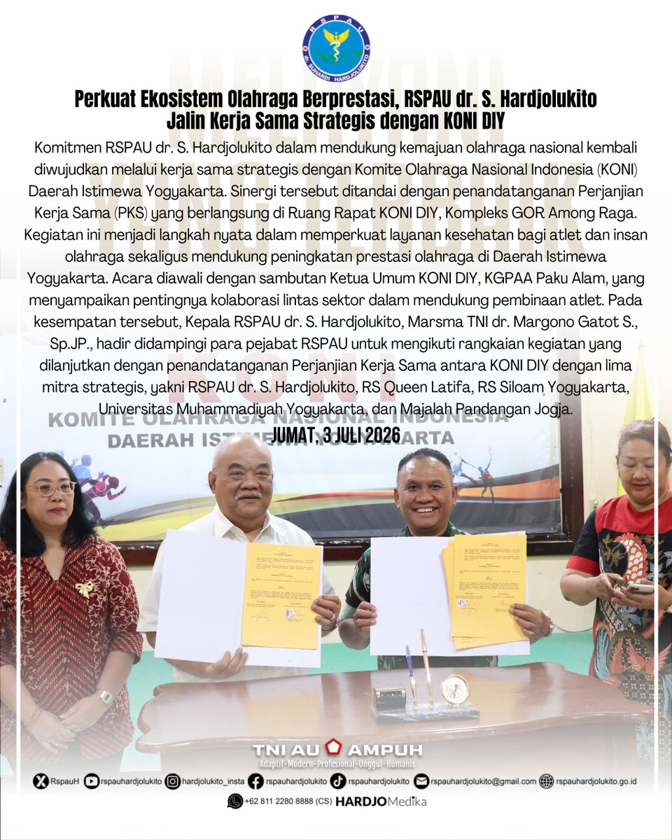 RspauH's tweet photo. Komitmen RSPAU dr. S. Hardjolukito dalam mendukung kemajuan olahraga nasional kembali diwujudkan melalui kerja sama strategis dengan Komite Olahraga Nasional Indonesia (KONI) Daerah Istimewa Yogyakarta. https://t.co/tXdWfKfjgO