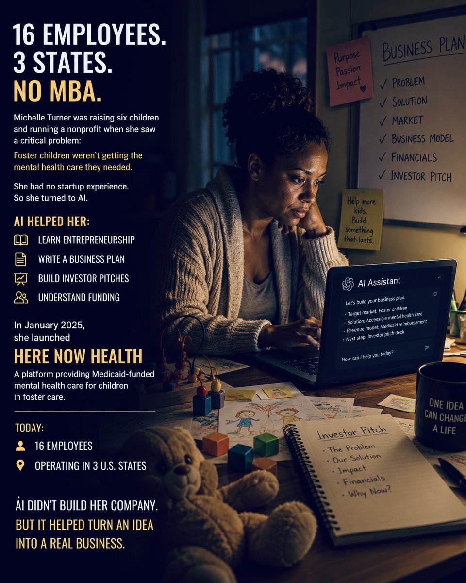 NeuralForgeHQ's tweet photo. 16 employees. 3 states. No MBA.

Sounds like the story of an experienced founder.

It wasn’t.

Michelle Turner was managing a nonprofit and raising six children when she realized there was a huge gap in mental health care for foster children.

She had never built a startup before.

Instead of hiring expensive consultants, she turned to AI.

Every day, AI helped her learn entrepreneurship, write a business plan, improve her investor pitch and understand how startups raise capital.

In January 2025, she launched Here Now Health — a platform that provides Medicaid-funded mental health counseling for children entering the foster care system.

Today the company has 16 employees and operates across three U.S. states.

AI didn’t build her company.

But it helped turn an idea into a real business.