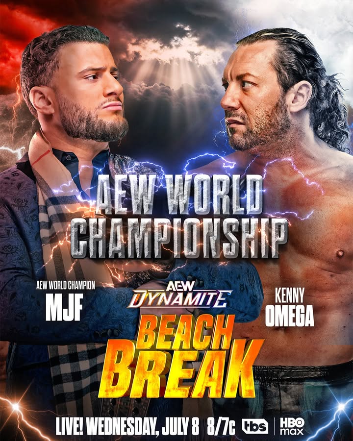AEWonTV's tweet photo. One of the biggest AEW World Title matches in history headlines a can't-miss card when All Elite Wrestling returns to the beach!

Whose waves will crest and who will find themselves in the deep water when #AEWDynamite Beach Break is LIVE this Wednesday at 8/7c on TBS and HBO Max https://t.co/X2TDWO46aY