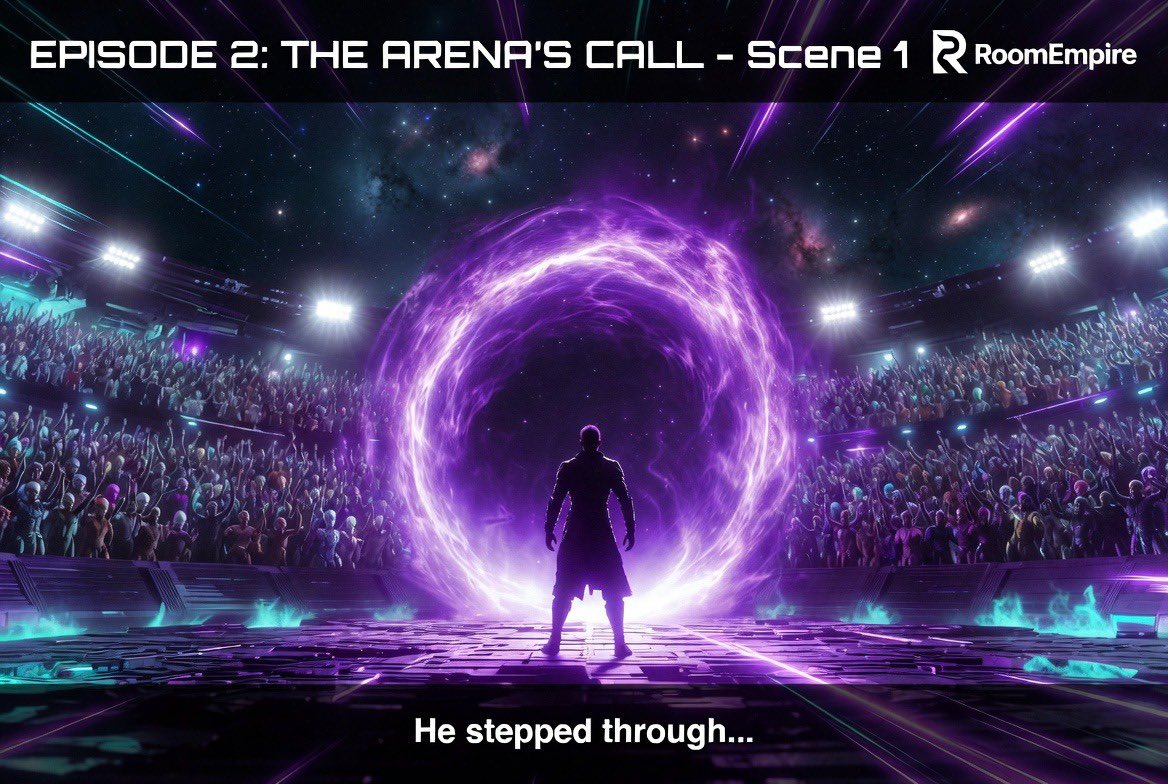RoomEmpire's tweet photo. 🌌 Episode 2 • Scene 2

He arrived in a gigantic floating arena under a sky full of stars. Thousands of warriors from every world cheered loudly.

Echo’s voice: “Welcome to RoomEmpire, warrior. 
Your first trial begins soon.”

Kael clenched his fists. 

#RoomEmpire https://t.co/fYnRZO6EOU