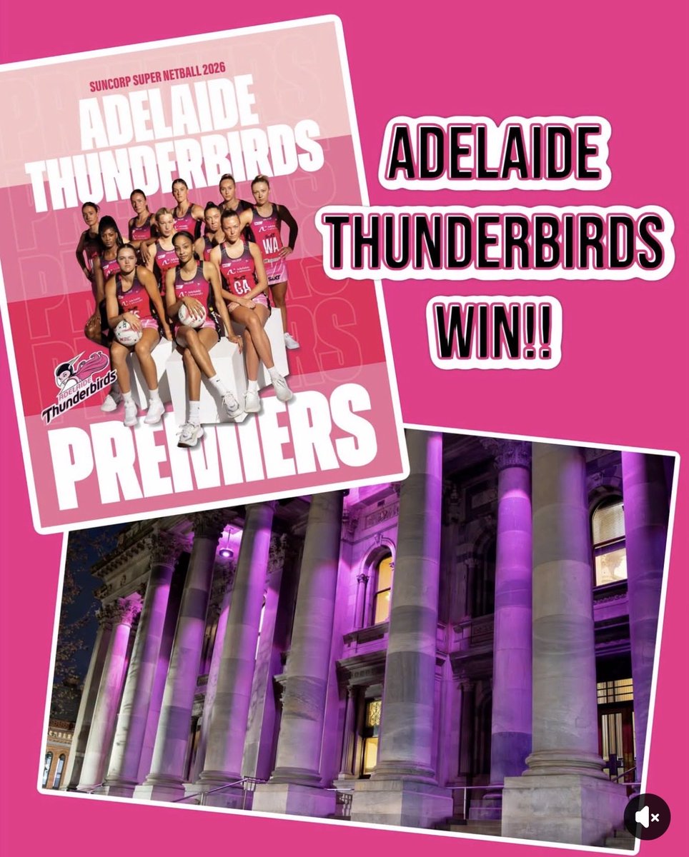 NatCookMP's tweet photo. 🩷🖤 Calling all Thunderbirds Fans 🖤🩷

As a HUGE netball fan, I want to congratulate the Adelaide Thunderbirds on winning their third Super Netball premiership in four years!!

Two ways to celebrate: Visit the Rundle Mall Community Celebration at 12:00 or catch the city lighting up pink!