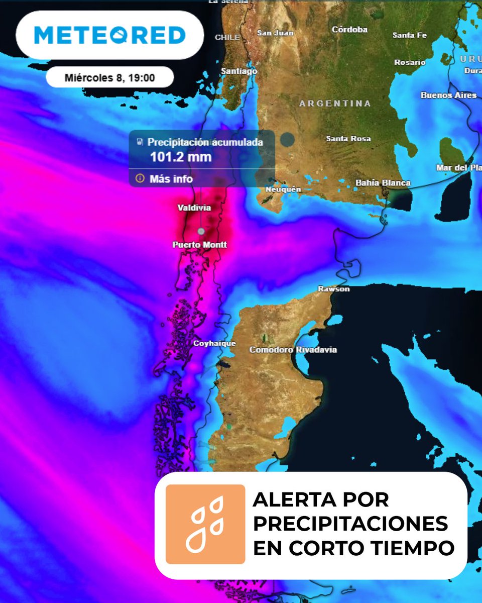 meteoredcl's tweet photo. 🚨 La #DMC emitió alerta por #precipitaciones moderadas a fuertes con isoterma cero alta.

📍 Entre La Araucanía y Los Lagos. Podrían caer hasta 100 mm, con isoterma entre 2600 y 3200 m.

⚠️ Atención entre martes 7 y miércoles 8.

Nuestros mapas: 👉🏻 https://t.co/j7vhvKlGwy https://t.co/pvNZsRdaTw