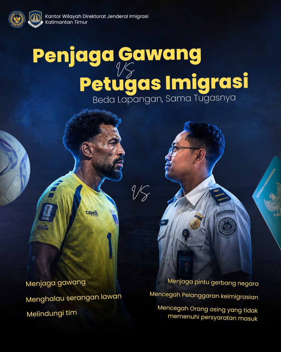 imigrasikaltim's tweet photo. Di lapangan hijau, penjaga gawang menjadi benteng terakhir yang menghalau setiap ancaman demi menjaga gawang tetap aman.

Di pintu gerbang negara, Petugas Imigrasi menjalankan peran yang tak kalah penting. Dalam menjaga negara dari orang asing

#imigrasiuntukrakyat https://t.co/bYCzUgsf12