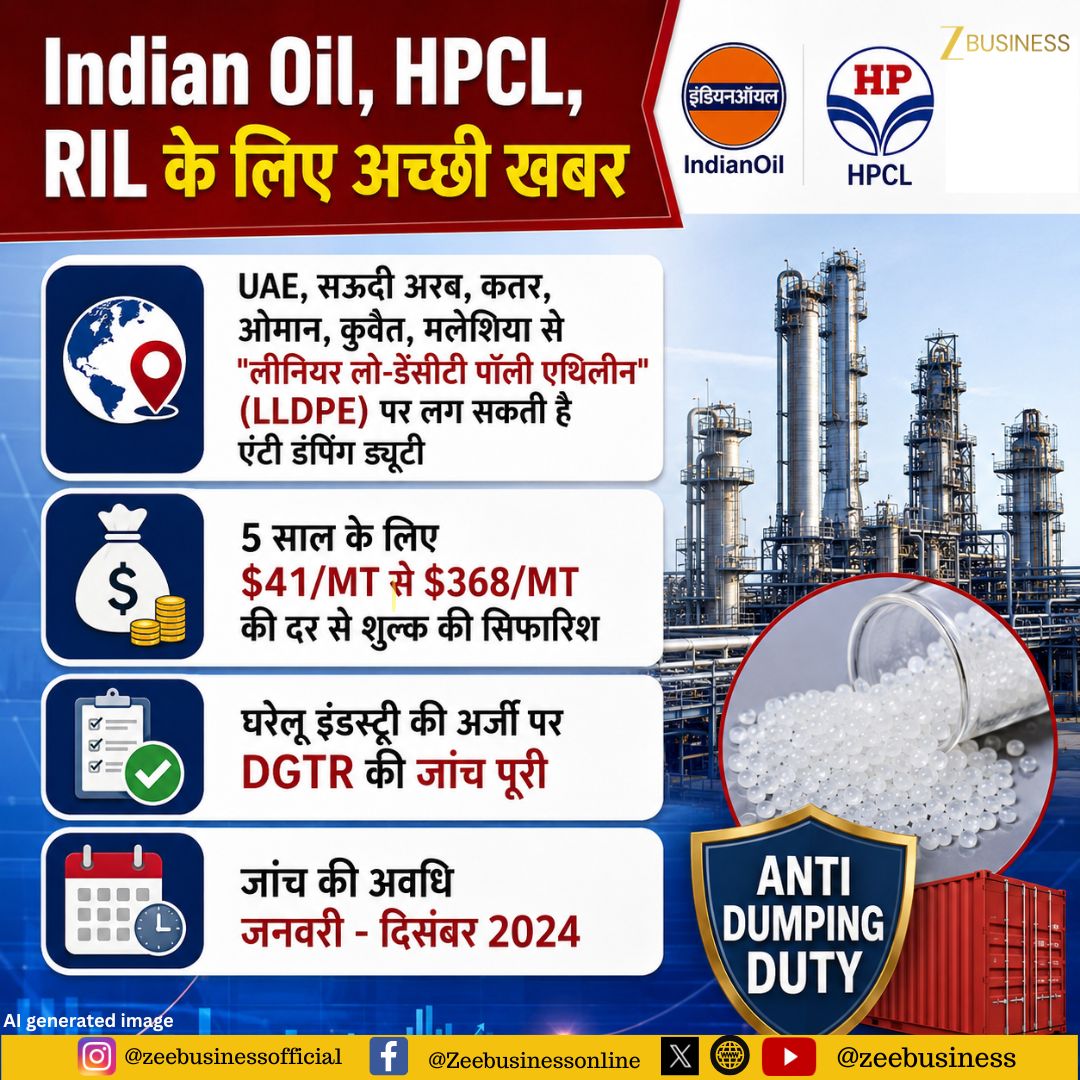 ZeeBusiness's tweet photo. Indian Oil, HPCL, RIL के लिए अच्छी खबर
UAE, सऊदी अरब, कतर, ओमान, कुवैत, मलेशिया से "लीनियर लो-डेंसीटी पॉली एथिलीन" (LLDPE) पर लग सकती है एंटी डंपिंग ड्यूटी
#IndianOil #HPCL #RelianceInd #LLDPE #Petrochemicals #AntiDumpingDuty #DGTR @pandeyambarish https://t.co/S2bQYLnogi