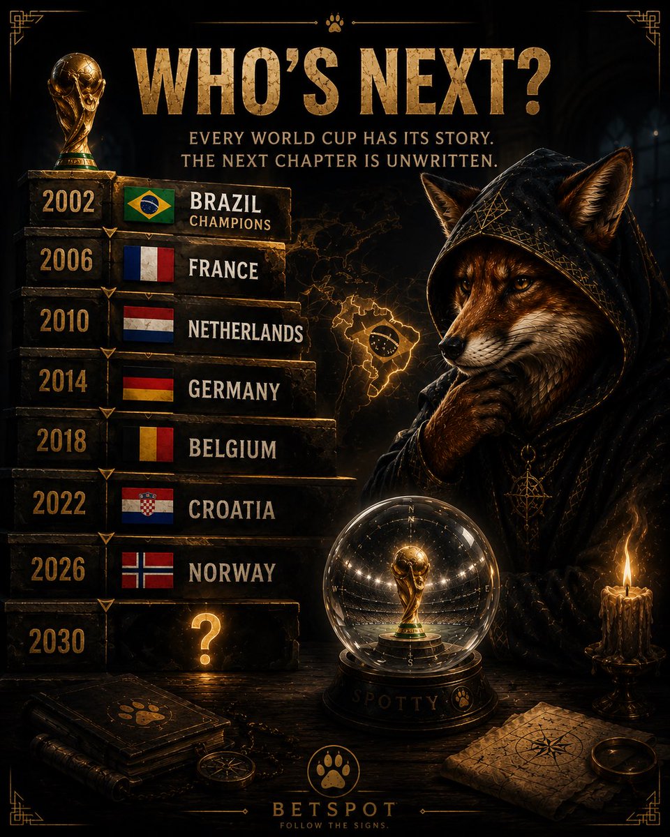 spottyzone's tweet photo. Every World Cup writes a new chapter.
2006 🇫🇷 2010 🇳🇱 2014 🇩🇪 2018 🇧🇪 2022 🇭🇷 2026 🇳🇴
Who ends Brazil's journey in 2030?
🦊 Spotty is watching.
#WorldCup https://t.co/y8svSLJrAE