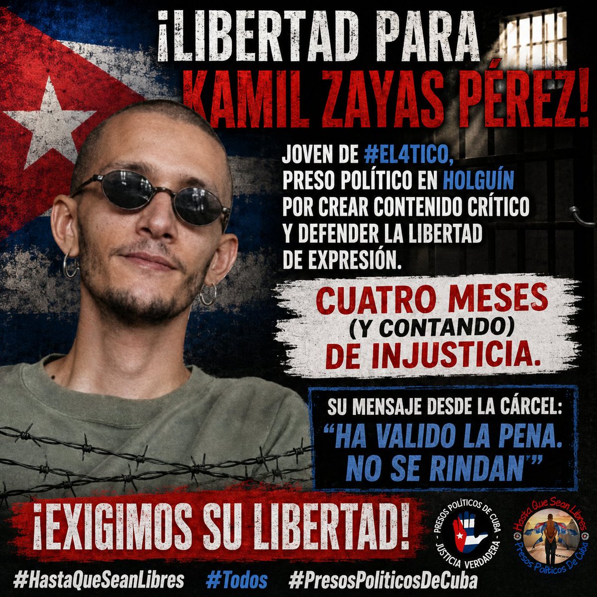BettyFreeCuban's tweet photo. ¡Libertad para Kamil Zayas Pérez! Joven de #El4tico, preso político en Holguín por crear contenido crítico y defender la libertad de expresión. Cuatro meses (y contando) de injusticia. Su mensaje desde la cárcel: “Ha valido la pena. No se rindan”. ¡Exigimos su libertad! 

#HastaQueSeanLibres #Todos #PresosPoliticosDeCuba