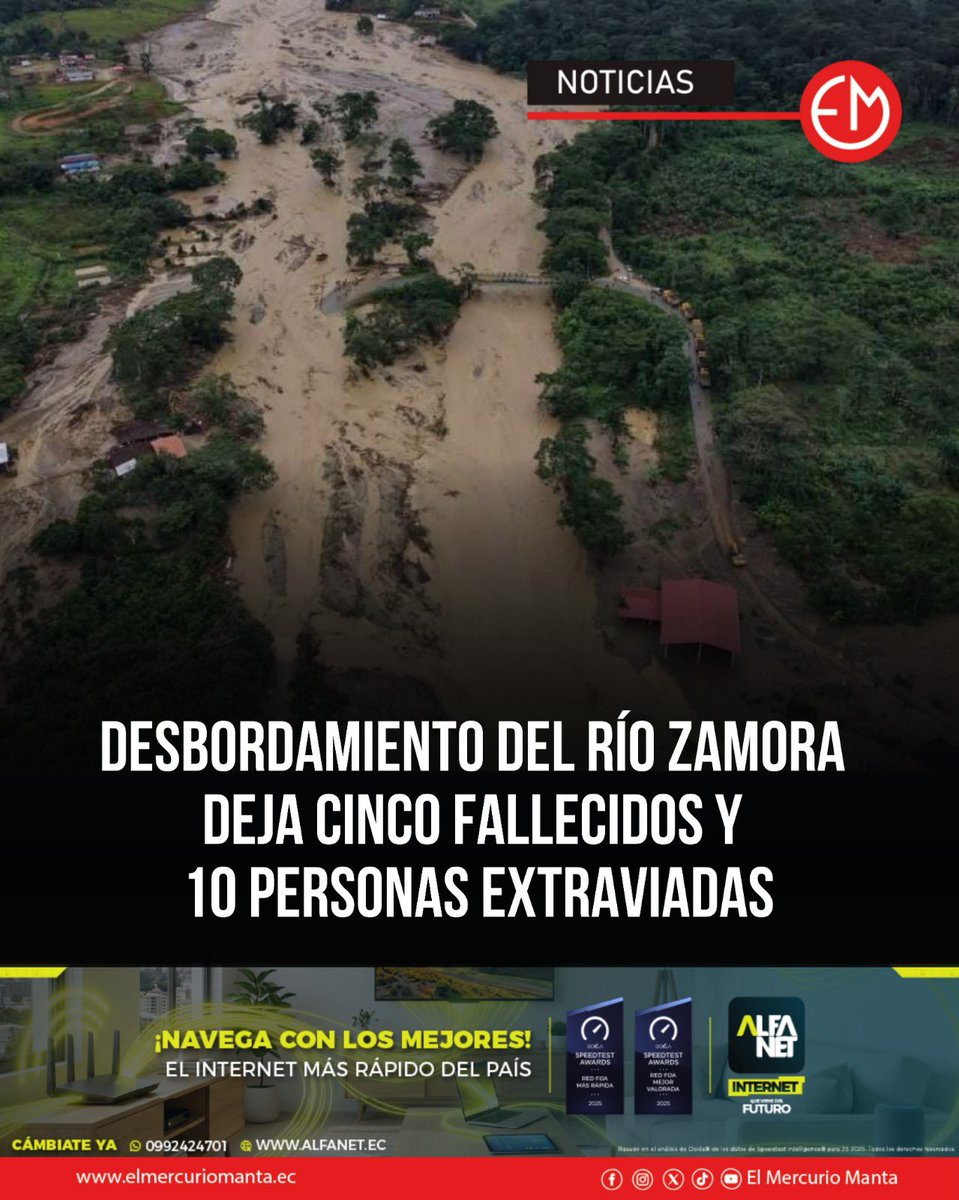 elmercuriomanta's tweet photo. El desbordamiento del río Zamora en la parroquia Guadalupe (Zamora Chinchipe) dejó 5 fallecidos (4 adultos y un menor), 10 extraviados y 38 heridos, 10 de ellos bomberos. Fueron rescatadas 48 personas (38 civiles y 10 bomberos). Se reportan 74 familias afectadas, 48 damnificadas, 50 viviendas dañadas y 20 bienes privados afectados. La búsqueda sigue con apoyo militar y policial.

El PMU habilitó un punto para reportes de extraviados. El Gobierno Nacional, por disposición del presidente Noboa, mantiene equipos en la zona. 🔗https://t.co/sglrgiILlZ #DecanoDeLaPrensaManabita #101añosjuntoati