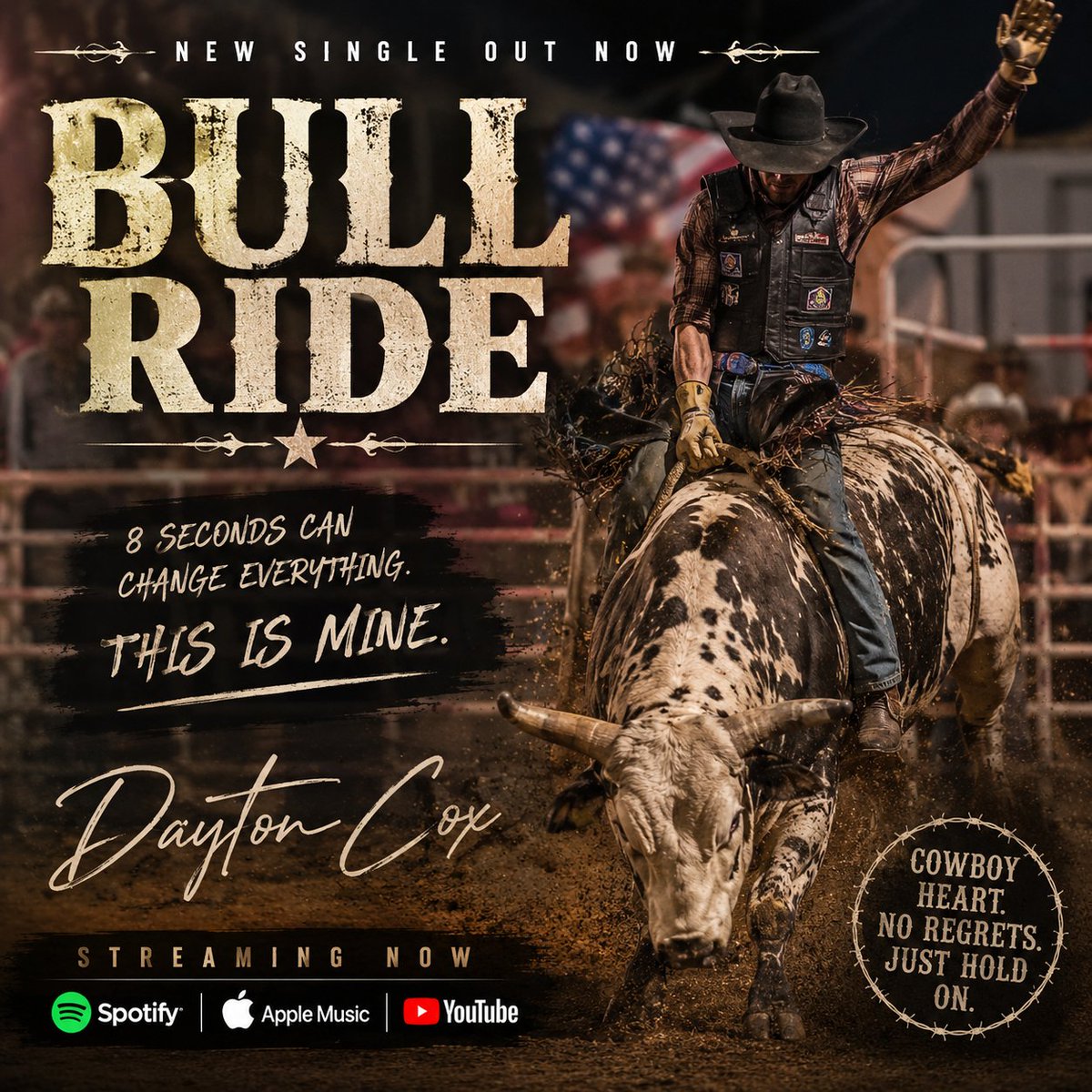 DaytonCox's tweet photo. Eight seconds. One shot. Everything on the line.
If you've ever chased a dream that could throw you to the ground, "Bull Ride" is for you.
🎧 Streaming now on Spotify, Apple Music & YouTube
#DaytonCox #BullRide #CountryMusic #TexasCountry
https://t.co/z0jZ5jCQT7 https://t.co/t1Or01YSV5