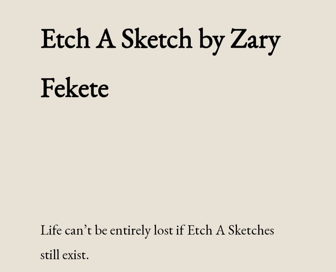 ZaryFekete's tweet photo. Any other Etch-A-Sketch fans out there? I know I'm not the only one:) Thank you @Plague_Circus for publishing my little piece of whimsy🥰 #writingcommunity #etchasketch https://t.co/YpgSEBcUil