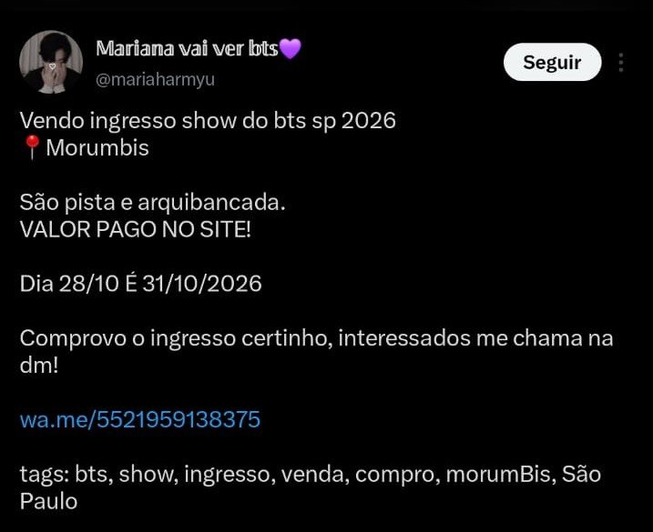 avisodegolpe's tweet photo. ‼️ GOLPE

Esse golpista tá usando 3 contas pra enganar armys com a venda de ingressos. É o mesmo número e a mesma tática em todos os perfis e também está aplicando o mesmo golpe no threads!!!

bloqueiem e denunciem todas as contas e o número. 

https://t.co/bEkFz2CMOn
https://t.co/jnb5ff14r2
https://t.co/YXRJTg7N38

https://t.co/MXahKh4DNn
número: 21 95913-8375