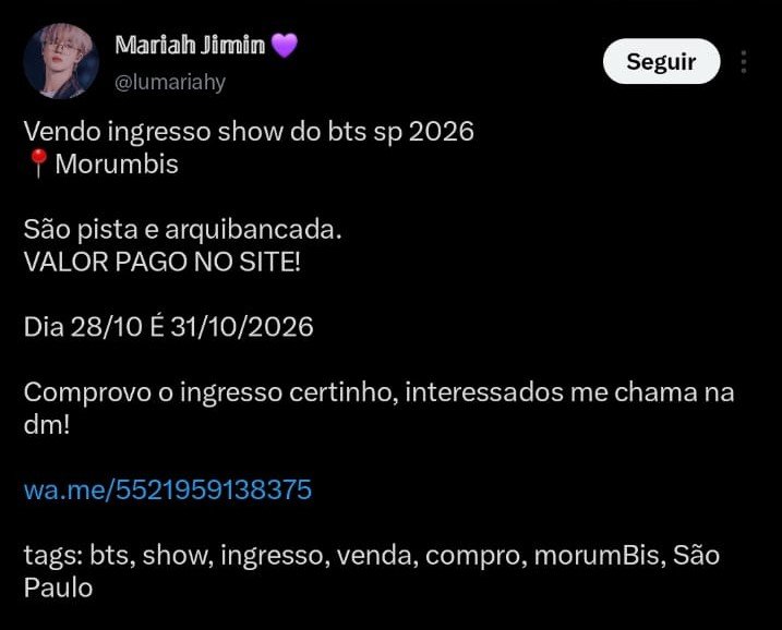 avisodegolpe's tweet photo. ‼️ GOLPE

Esse golpista tá usando 3 contas pra enganar armys com a venda de ingressos. É o mesmo número e a mesma tática em todos os perfis e também está aplicando o mesmo golpe no threads!!!

bloqueiem e denunciem todas as contas e o número. 

https://t.co/bEkFz2CMOn
https://t.co/jnb5ff14r2
https://t.co/YXRJTg7N38

https://t.co/MXahKh4DNn
número: 21 95913-8375