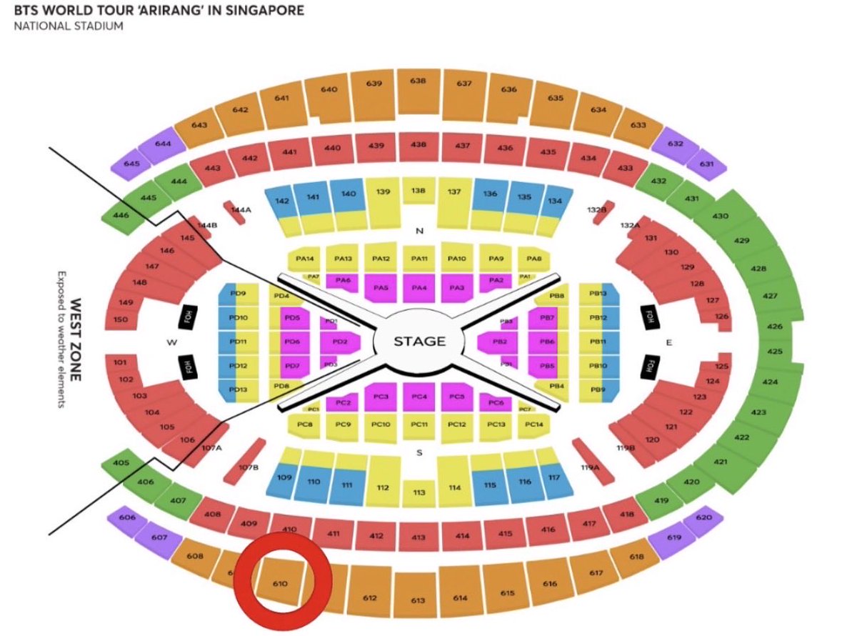wabisabithv's tweet photo. WTS: BTS ARIRANG Singapore

DAY 1 | 17 December 2026 

2x CAT 5 tickets | section 610

- price per ticket open to negotiate 

- proof of purchase

- can meet on concert day for transfer 

- payment via bank transfer / Pay Now only (no cash)

- this is the seat view and map below https://t.co/LDUGxob2NI