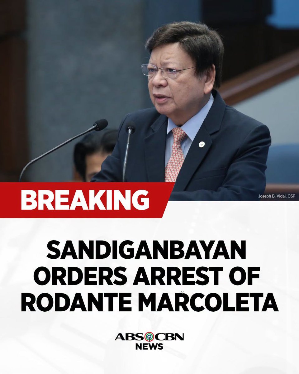 ABSCBNNews's tweet photo. BREAKING: The Sandiganbayan Third Division orders the arrest of Senator Rodante Marcoleta, former lawmaker Mike Defensor, and two businessmen facing plunder charges over the alleged nondisclosure of P75 million in campaign donations.  

This comes two days after the Office of the Ombudsman filed the charges before the anti-graft court on Friday. | via @KaxandraSalonga