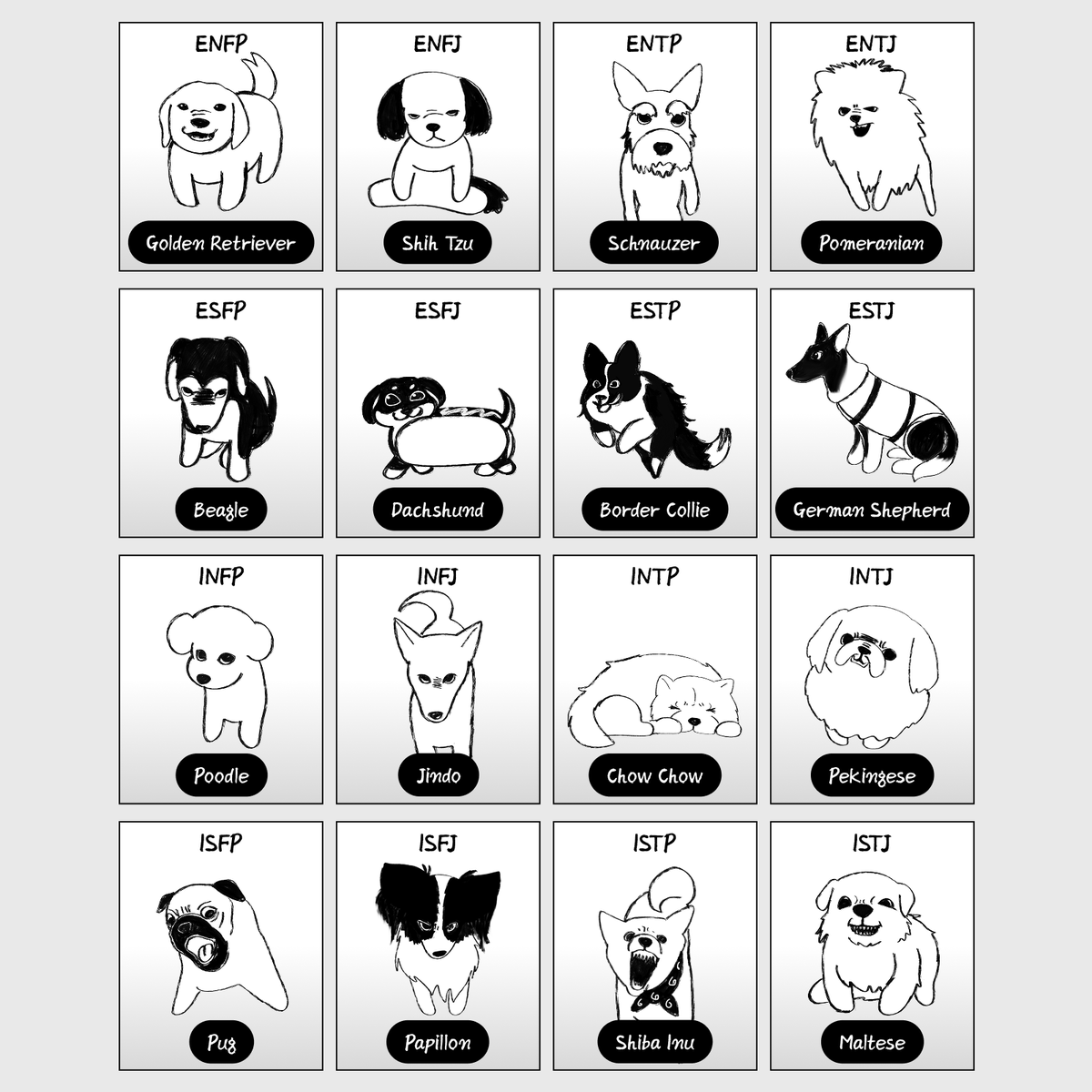 poomangofficial's tweet photo. 🐶 Chaotic Dog Test Results 🐕
🦴Link:

ENFP: Golden Retriever  ENFJ: Shih Tzu
ENTP: Schnauzer  ENTJ: Pomeranian
ESFP: Beagle  ESFJ: Dachshund
ESTP: Border Collie  ESTJ: German Shepherd
INFP: Poodle  INFJ: Jindo
INTP: Chow Chow  INTJ: Pekingese
ISFP: Pug  ISFJ: Papillon
ISTP: Shiba Inu  ISTJ: Maltese

👇 Which chaotic dog are you?
https://t.co/UP1Wg83FBX

👇More fun tests available now!
https://t.co/qxWdbtunAd
(P.S. Share your result in the thread ⬇️)